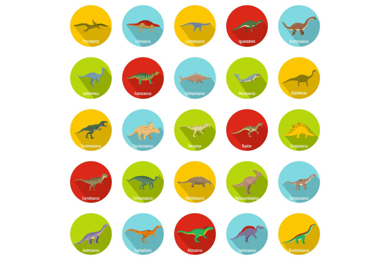 dinosaur-types-signed-name-icons-set-flat-style