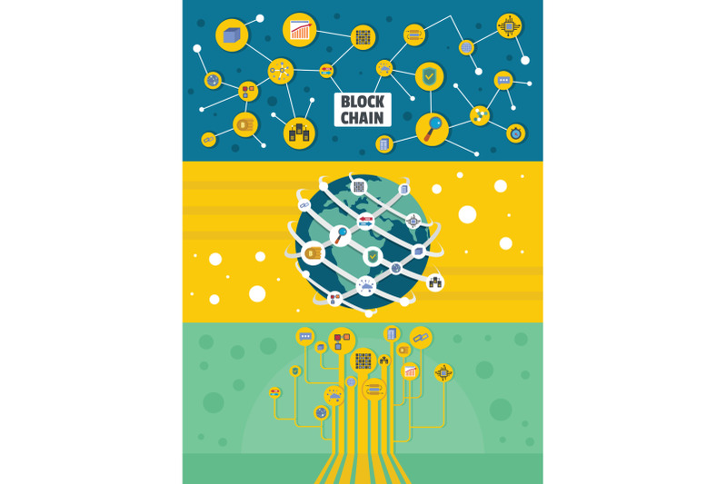 blockchain-miner-banner-horizontal-set-flat-style