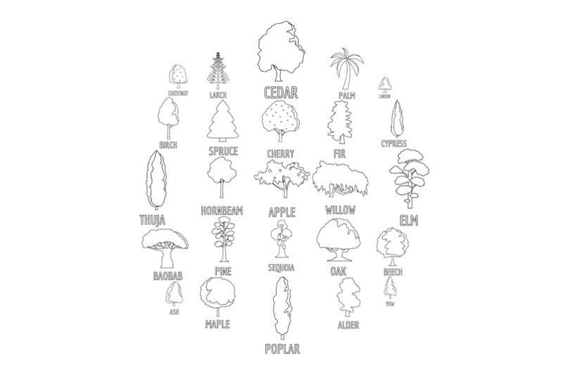 tree-types-icons-set-outline-style