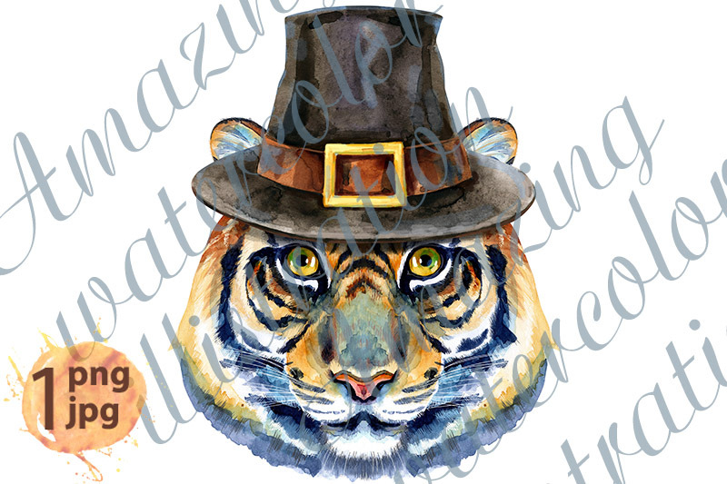 tiger-horoscope-character-watercolor-illustration-in-the-pilgrim-039-s-hat