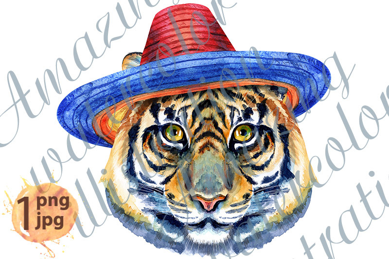 tiger-horoscope-character-watercolor-illustration-in-sombrero