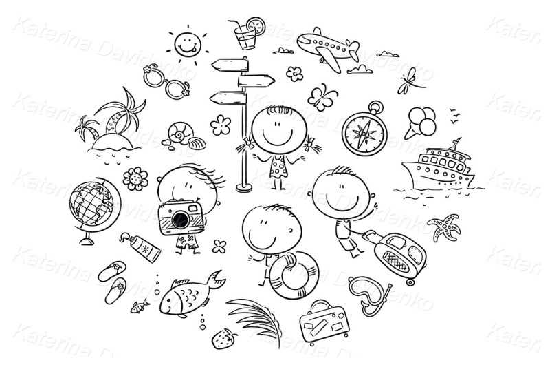 kids-clipart-set-summer-and-travelling