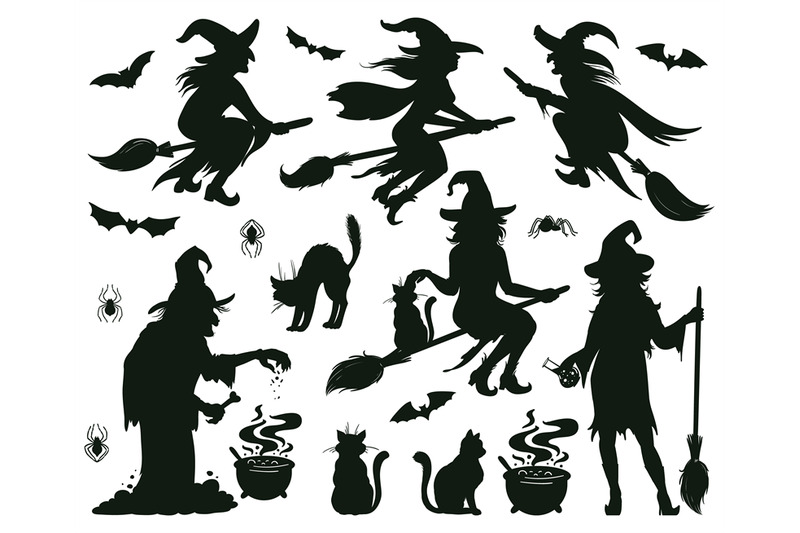 halloween-witch-silhouettes-magic-witch-ladies-with-broomstick-hats