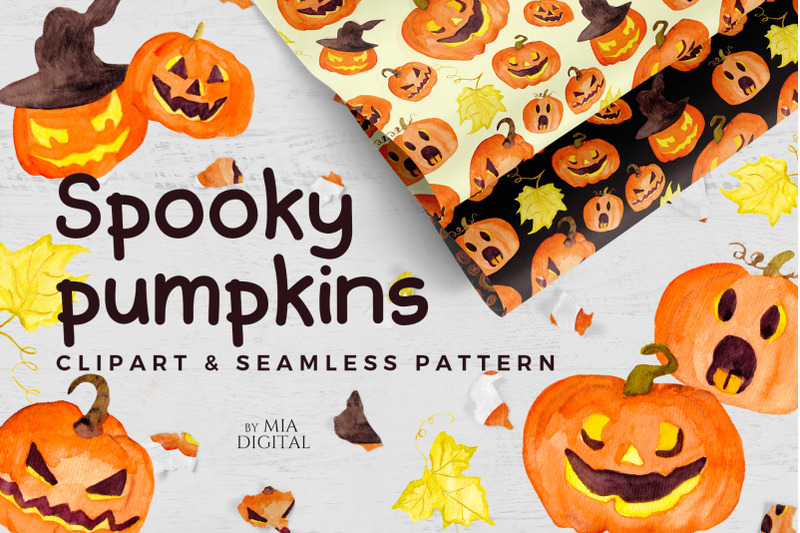 spooky-pumpkin-watercolor-cliparts-digital-paper-seamless-pattern