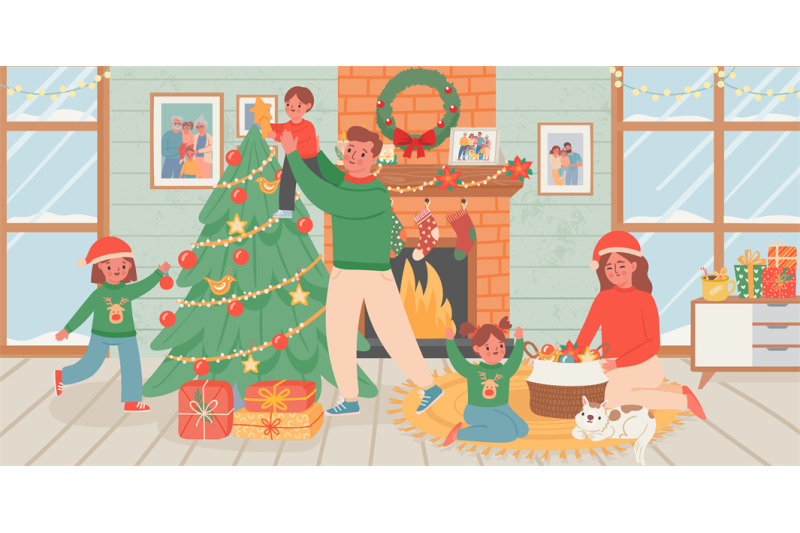 family-celebrate-christmas-at-home-parents-and-children-decorate-xmas