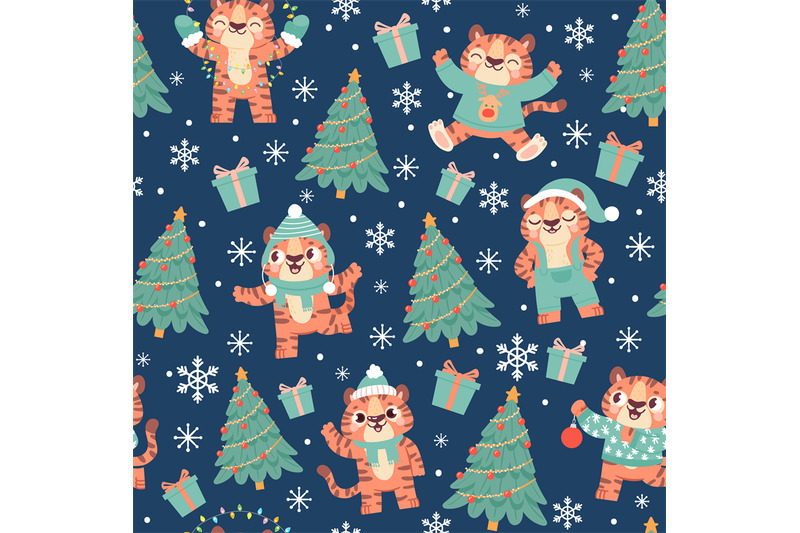 christmas-tiger-seamless-pattern-cute-cartoon-tigers-in-santa-hat-wit