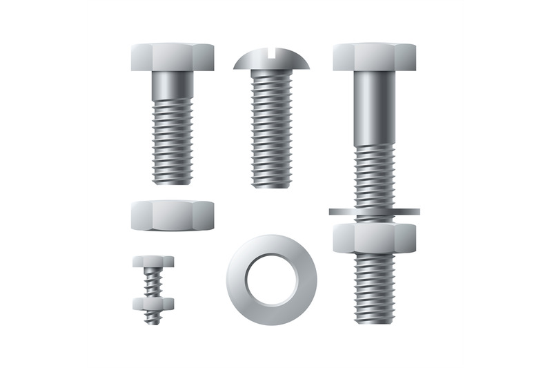 metal-screws-stainless-realistic-bolts-with-tightened-nuts-iron-thre