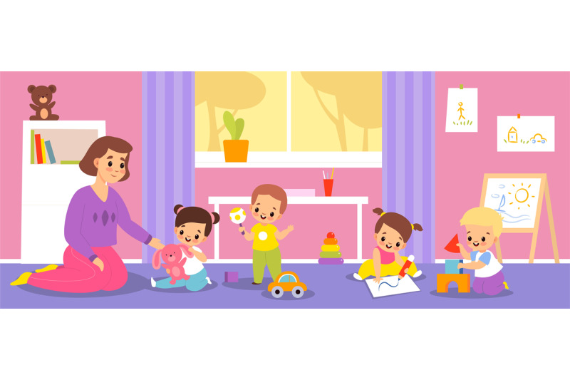 kindergarten-babies-happy-children-with-teacher-in-nursery-kids-with