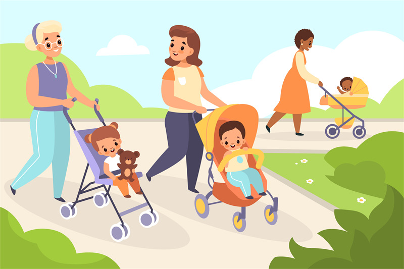 mom-baby-walking-happy-women-with-kids-strollers-in-summer-park-lands