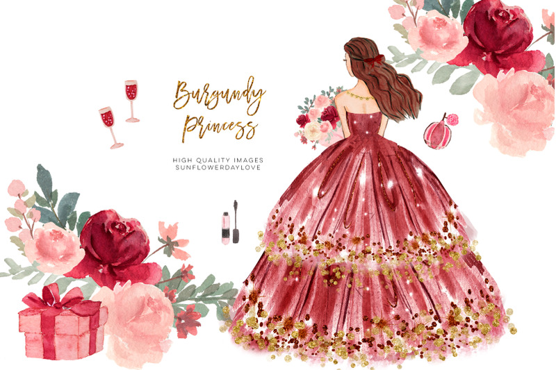 marsala-princess-clipart-wedding-princess-maroon-burgundy