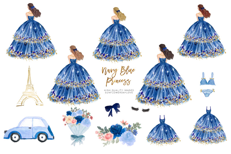 princess-navy-blue-dress-clipart-blue-flowers-watercolor-clipart