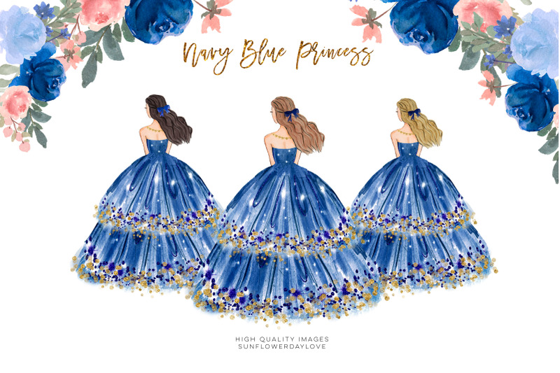 princess-navy-blue-dress-clipart-blue-flowers-watercolor-clipart