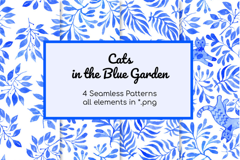 cats-in-blue-garden-patterns-and-clipart-watercolor-set