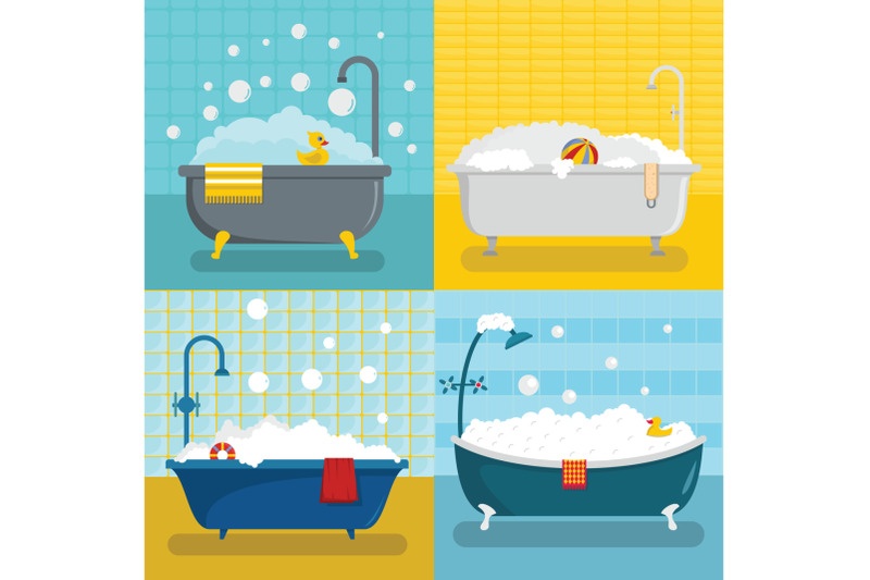 bathtub-foam-shower-banner-concept-set-flat-style