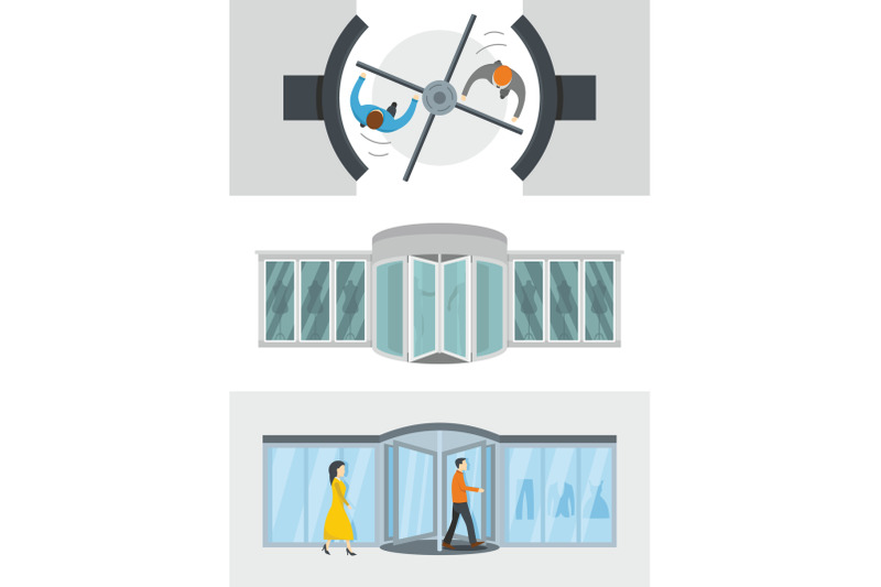 revolving-door-banner-concept-set-flat-style