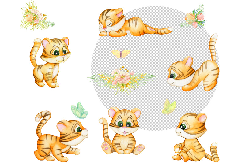 cute-little-tiger-poses-clipart-with-watercolor-illustration