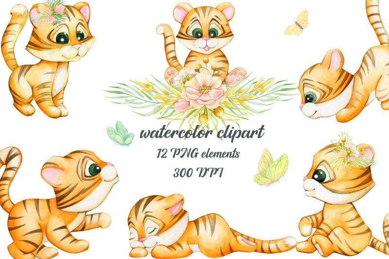 cute-little-tiger-poses-clipart-with-watercolor-illustration