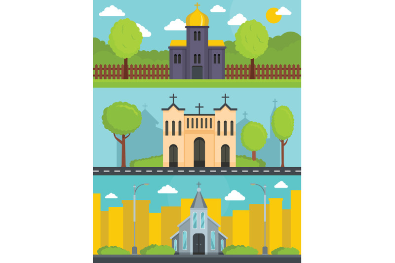 church-building-banner-concept-set-flat-style