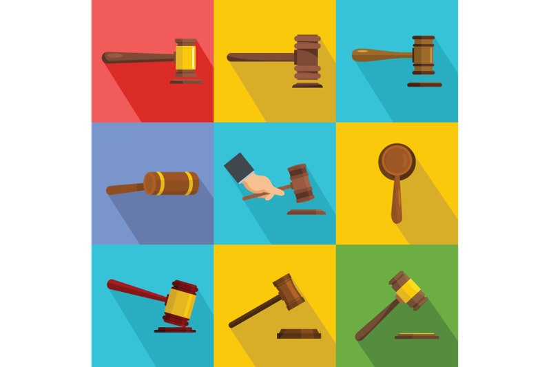 judge-hammer-icons-set-flat-style