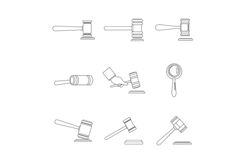 judge-hammer-icons-set-outline-style