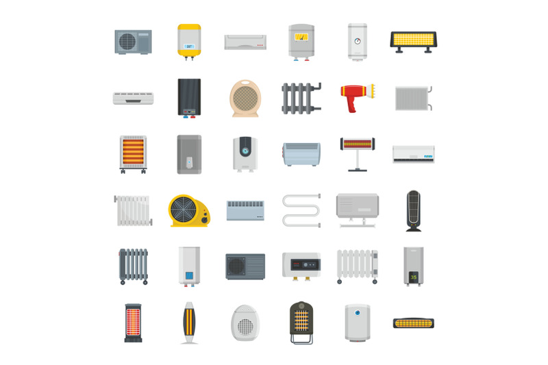 electric-heater-device-icons-set-flat-style