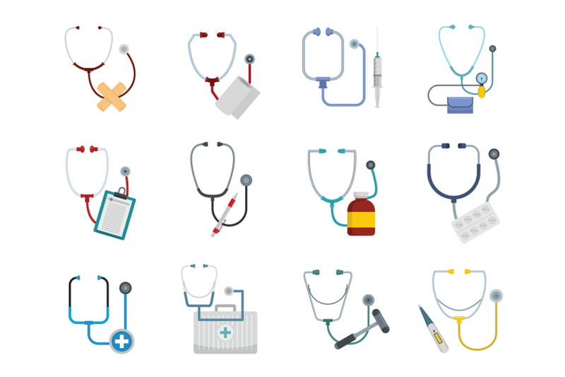 phonendoscope-stethoscope-icons-set-flat-style