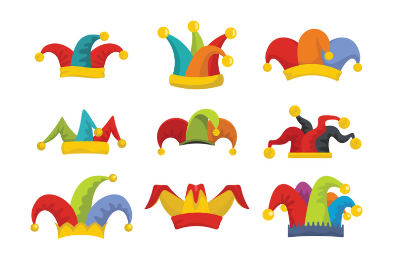 jester-fools-hat-icons-set-flat-style