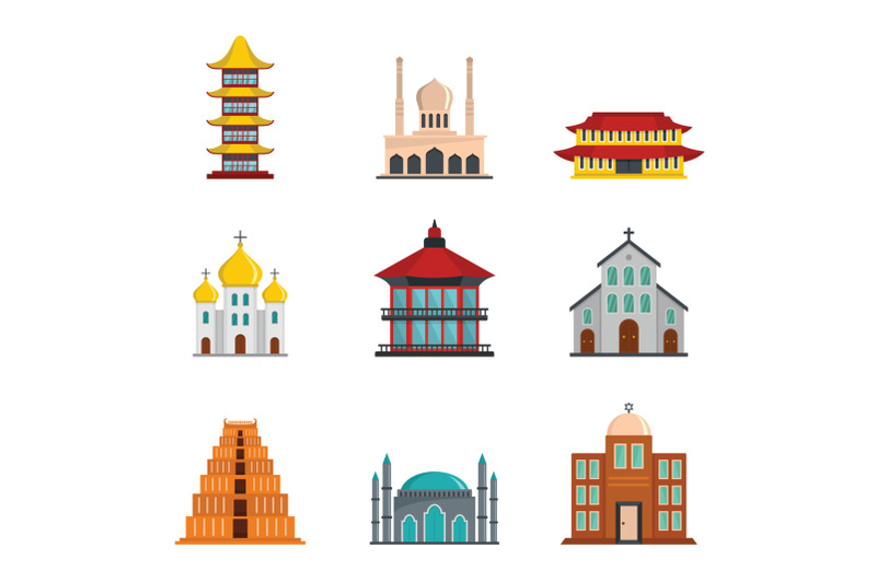 temple-tower-castle-icons-set-flat-style
