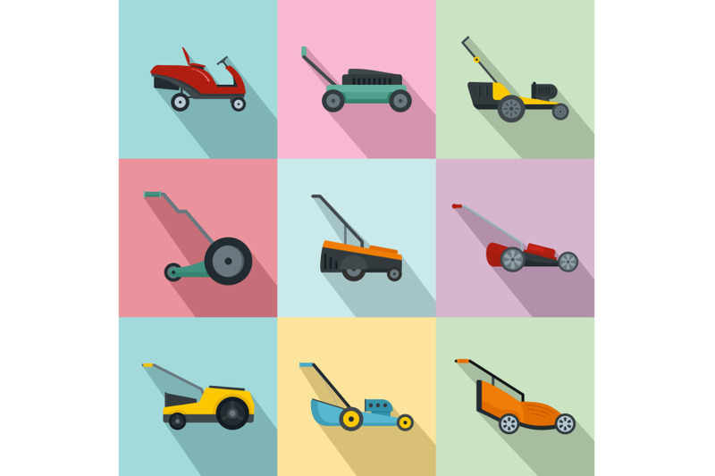 lawnmower-grass-garden-icons-set-flat-style