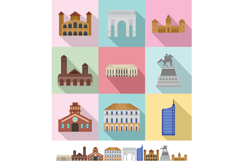 milan-italy-city-skyline-icons-set-flat-style