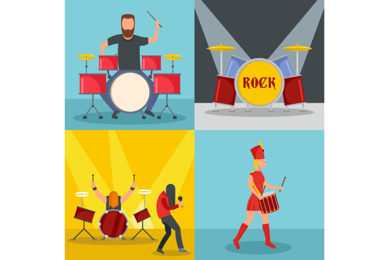 drummer-drum-rock-musician-icons-set-flat-style