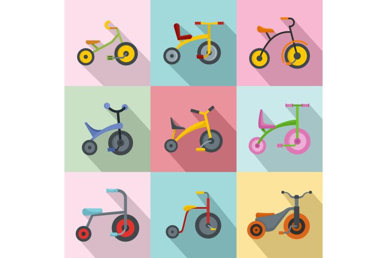 tricycle-bicycle-bike-wheel-icons-set-flat-style