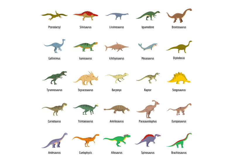 dinosaur-types-signed-name-icons-set-vector-isolated