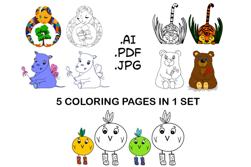 cute-animals-coloring-pages-5-in-1-vector-graphics-with-separate-colorful-elements-coloring-variations-in-pdf-and-vector-formates