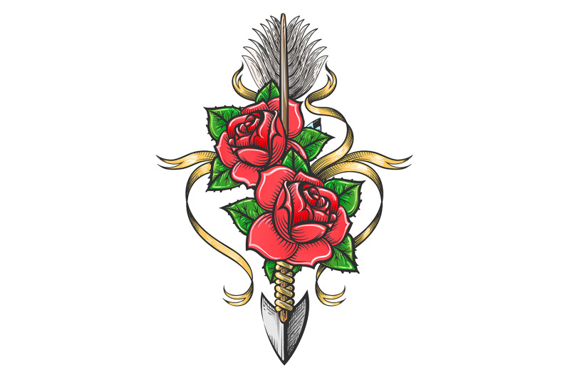 rose-flowers-pierced-by-indian-arrow-colorful-tattoo