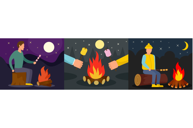 marshmallow-bonfire-banner-concept-set-flat-style
