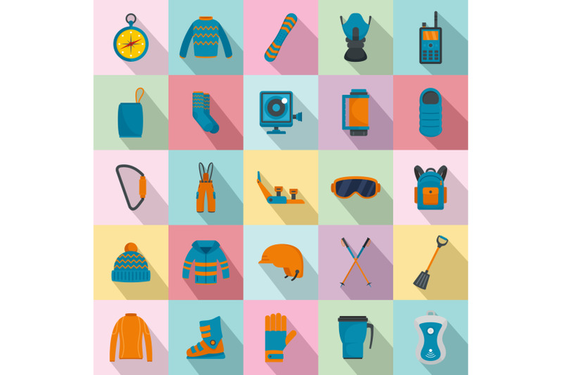 snowboard-equipment-winter-icons-set-flat-style