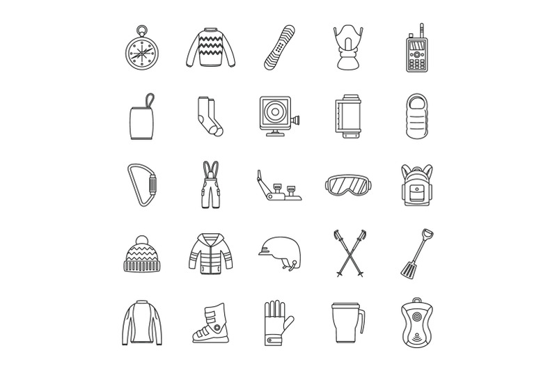 snowboard-equipment-icons-set-outline-style