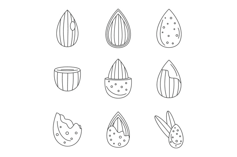 almond-walnut-oil-seed-icons-set-outline-style
