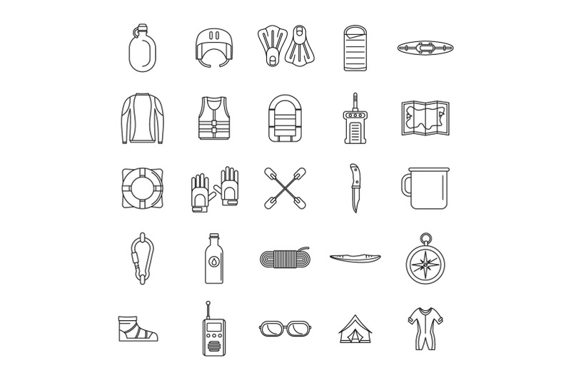 rafting-kayak-water-canoe-icons-set-outline-style