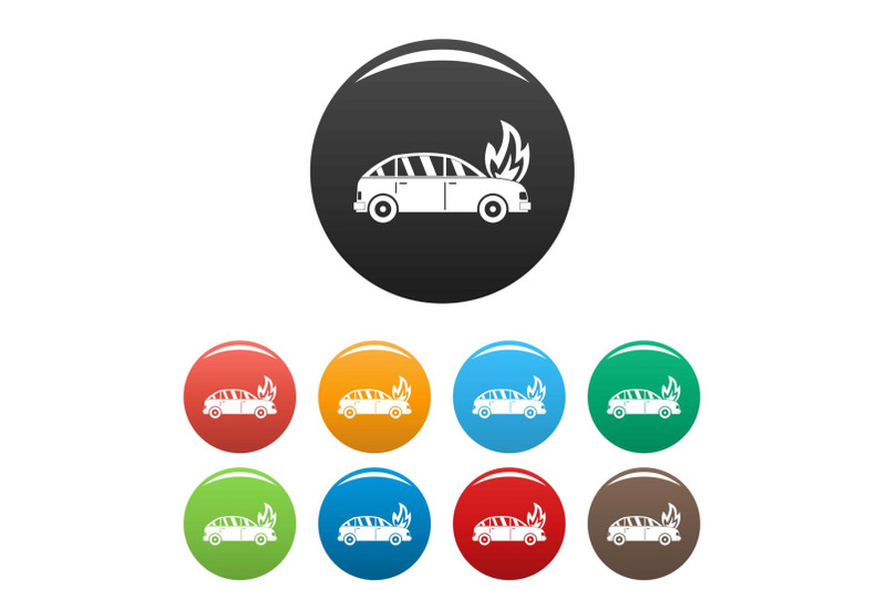 burning-car-icons-set-color-vector