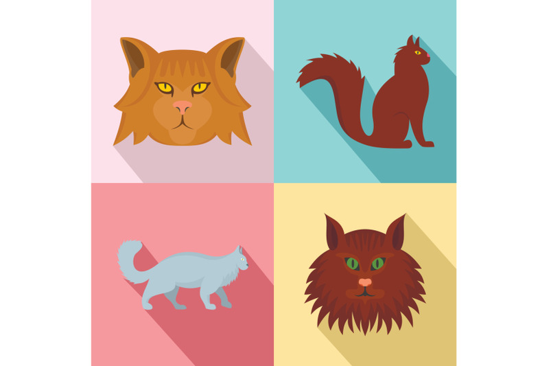 maine-coon-cat-profile-icons-set-flat-style