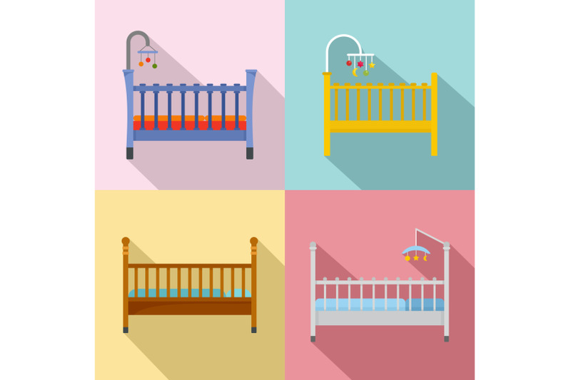 baby-crib-cradle-bed-icons-set-flat-style
