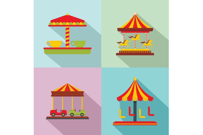 carousel-carnival-horse-icons-set-flat-style