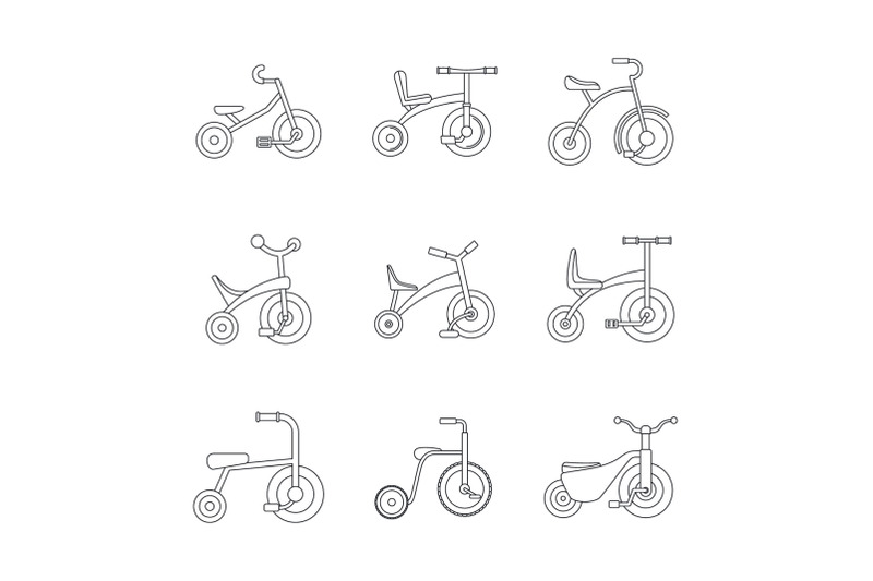 tricycle-bicycle-bike-wheel-icons-set-outline-style