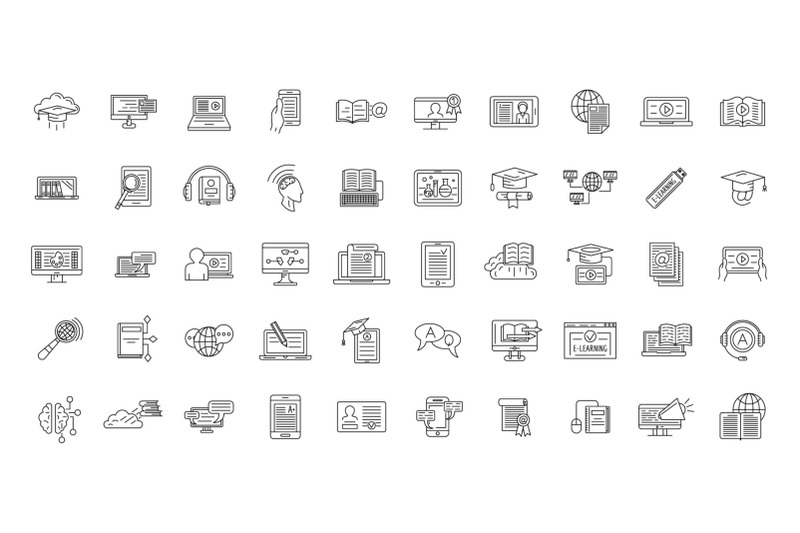 e-learning-training-icons-set-outline-style