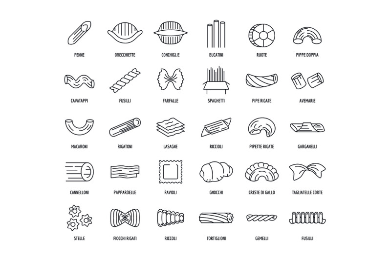 macaroni-pasta-spaghetti-icons-set-outline-style