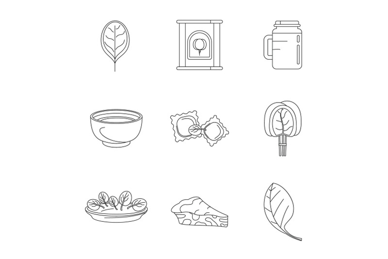 spinach-leaves-vegetables-icons-set-outline-style