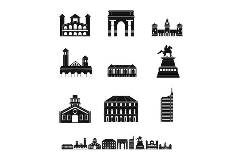 milan-italy-city-skyline-icons-set-simple-style