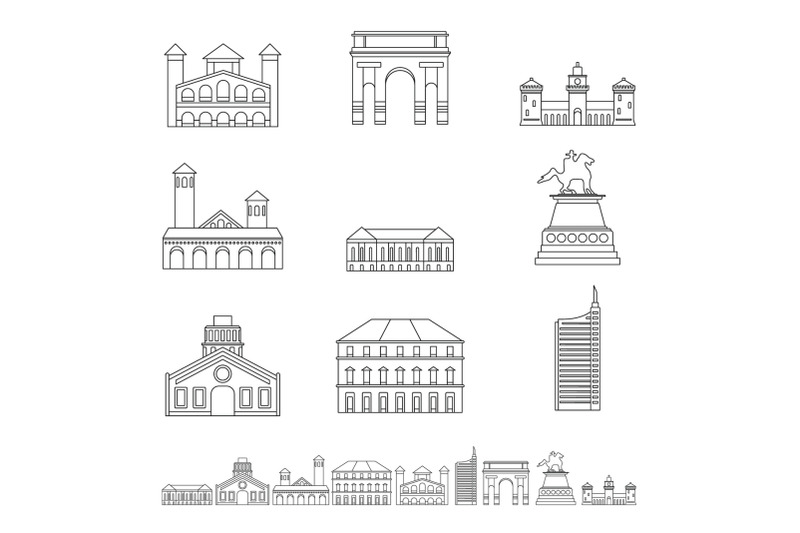 milan-italy-city-skyline-icons-set-outline-style